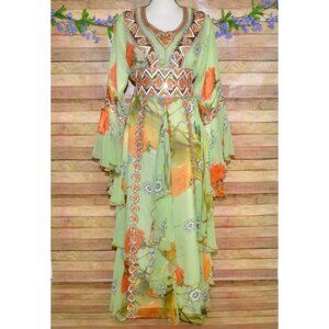 Middle East Arabian Green Floral Maxi Evening Dress Gown  XL 1X Sequin Ruffles